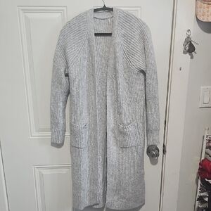 Classic Open-Front Long Knit Cardigan - Light Gray